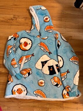 Blue Sushi Print Sherpa Blanket Hoodie